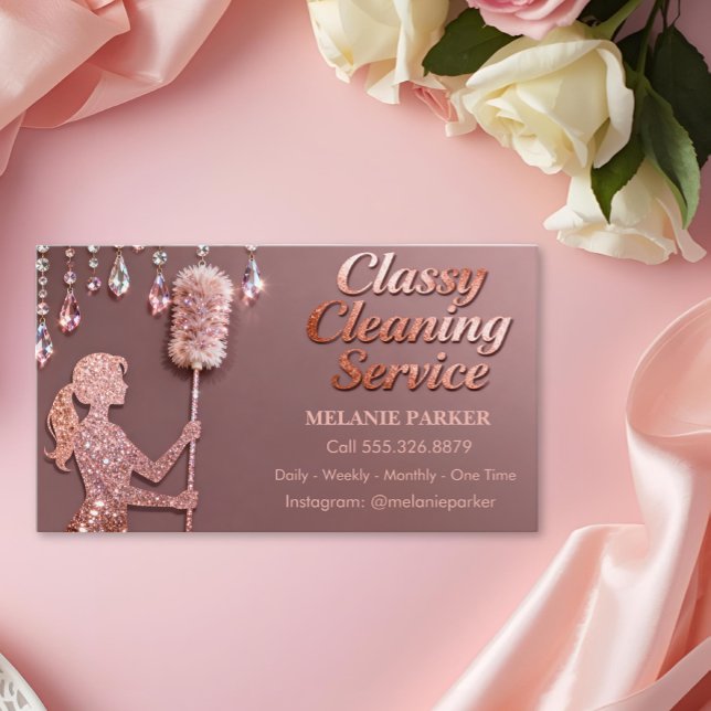 Rose Gold Glitter Classy Cleaning Services Business Card (Creator Uploaded)