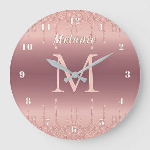 Rose Gold Glitter Clock Personalized Name Letter