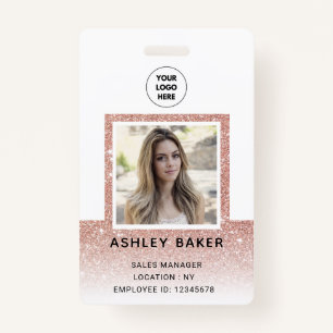 Rose Gold Glitter Company Security ID Photo Name Badge