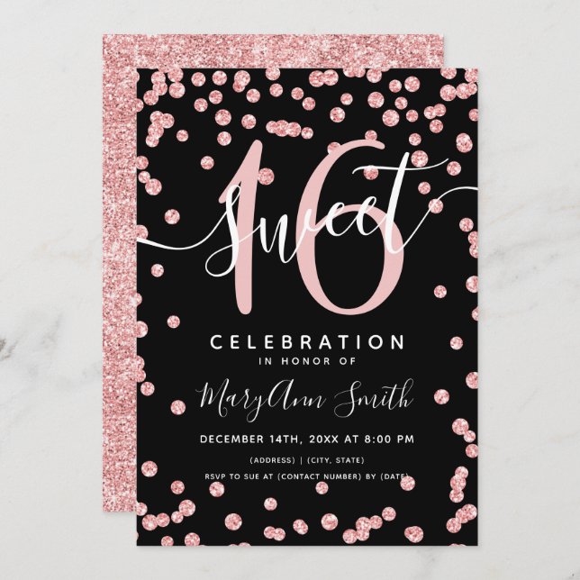 Rose Gold Glitter Confetti 16th Birthday Black  Invitation (Front/Back)