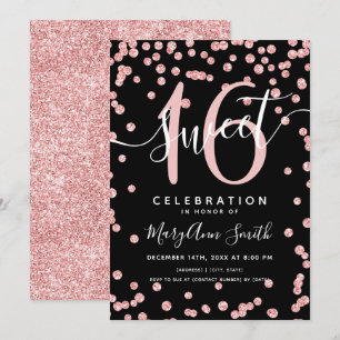 Rose Gold Glitter Confetti 16th Birthday Black Invitation