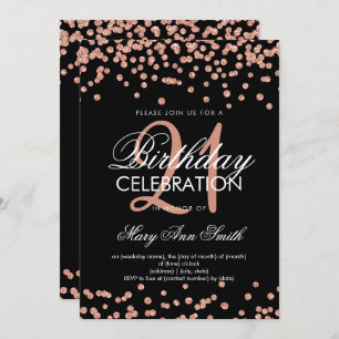 Rose Gold Glitter Confetti 21st Birthday Black Invitation