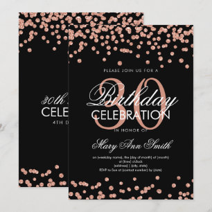 Rose Gold Glitter Confetti 30th Birthday Black Invitation