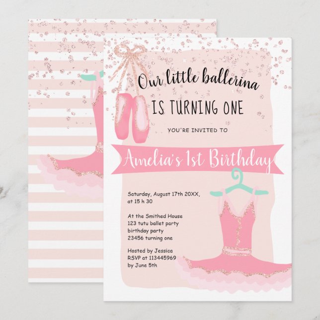 Rose Gold glitter confetti ballerina 1st birthday Invitation (Front/Back)