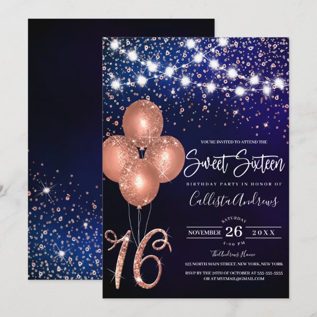 Rose Gold Glitter Confetti Balloons Light Sweet 16 Invitation (Front/Back)