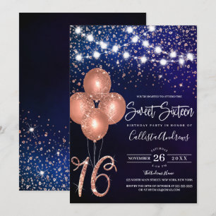 Rose Gold Glitter Confetti Balloons Light Sweet 16 Invitation