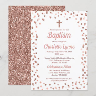 Rose Gold Glitter Confetti Baptism Invitation