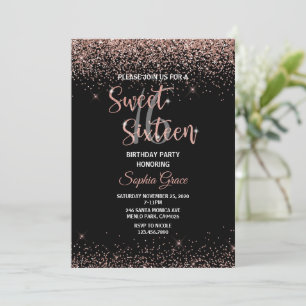 Rose gold glitter Confetti black Sweet 16 Birthday Invitation
