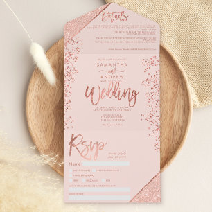 Rose gold glitter confetti blush pink chic wedding all in one invitation
