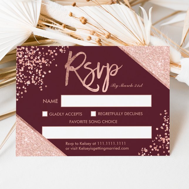 Rose gold glitter confetti burgundy rsvp wedding card (Creator Uploaded)