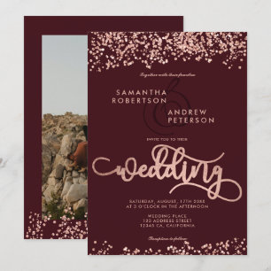 Rose gold glitter confetti burgundy wedding photo invitation