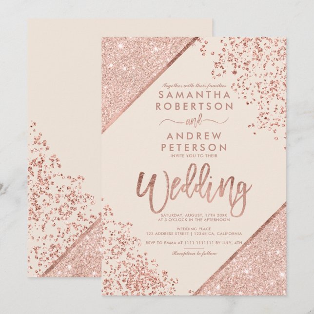 Rose gold glitter confetti chic ivory wedding invitation (Front/Back)