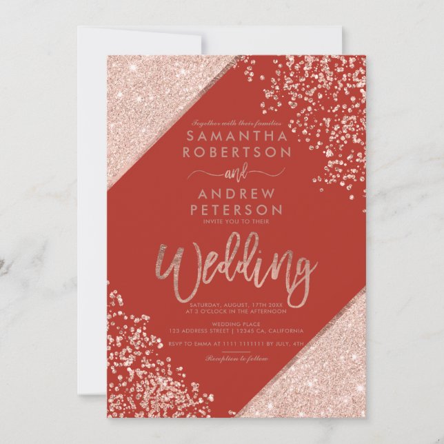 Rose gold glitter confetti chic red wedding invitation (Front)