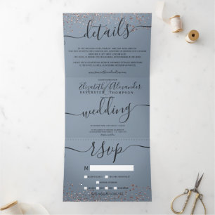 Rose gold glitter confetti dusty blue chic wedding Tri-Fold invitation