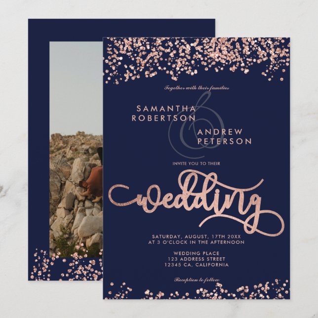 Rose gold glitter confetti navy blue wedding photo invitation (Front/Back)