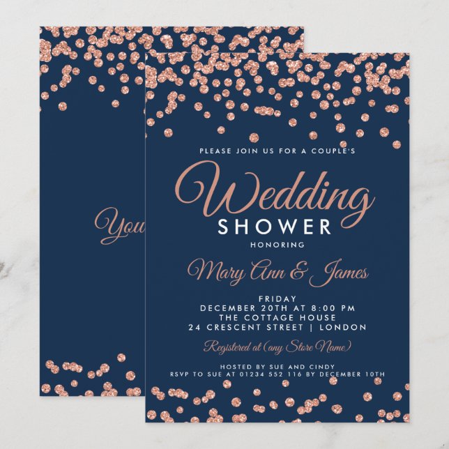 Rose Gold Glitter Confetti Navy Couple's Shower Invitation (Front/Back)