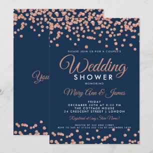Rose Gold Glitter Confetti Navy Couple's Shower Invitation