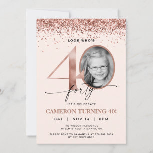 Rose Gold Glitter Confetti Photo 40th Birthday Invitation