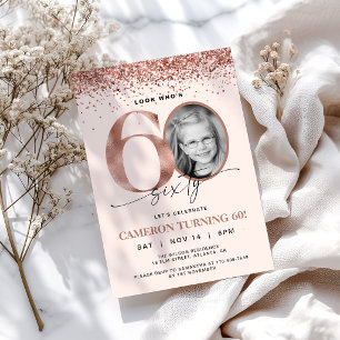 Rose Gold Glitter Confetti Photo 60th Birthday Invitation