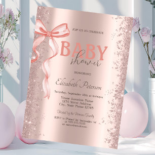 Rose Gold Glitter Confetti Pink Bow Baby Shower Invitation