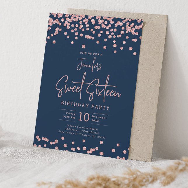 Rose Gold Glitter Confetti Sweet 16 Navy Blue  Invitation (Rose Gold Glitter Confetti Sweet 16 Navy Blue Invitation)