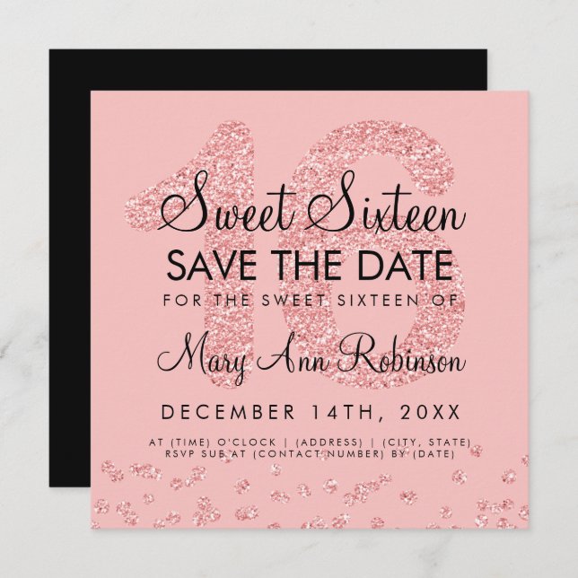 Rose Gold Glitter Confetti Sweet 16 Save The Date Invitation (Front/Back)