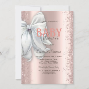 Rose Gold Glitter Confetti White Bow Baby Shower Invitation