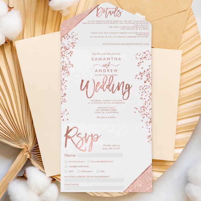 Rose gold glitter confetti white chic wedding all in one invitation (Creator Uploaded)