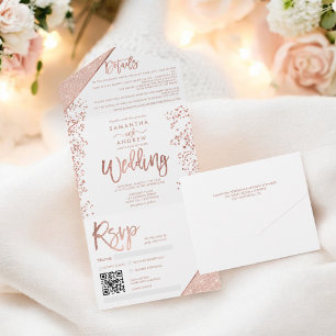 Rose gold glitter confetti white chic wedding all in one invitation