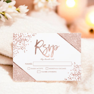 Rose gold glitter confetti white rsvp wedding card