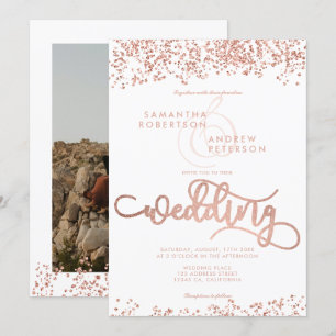 Rose gold glitter confetti white wedding photo invitation