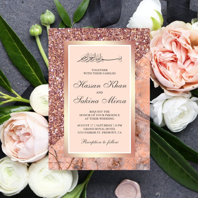 Rose Gold Glitter Coral Pink Marble Muslim Wedding Invitation (Creator Uploaded)