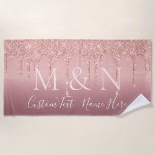 Rose Gold Glitter Couple Name Letter Beach Towel