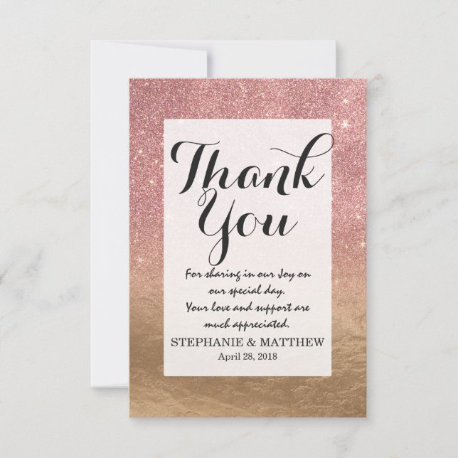 Rose Gold Glitter Crumbled Foil Ombre Gradient Thank You Card (Front)
