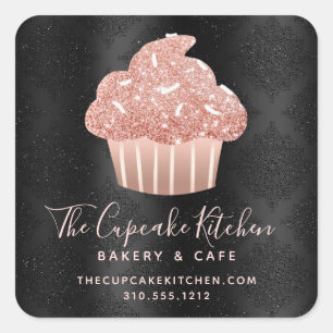 Rose Gold Glitter Cupcake Black Damask Bakery Chef Square Sticker