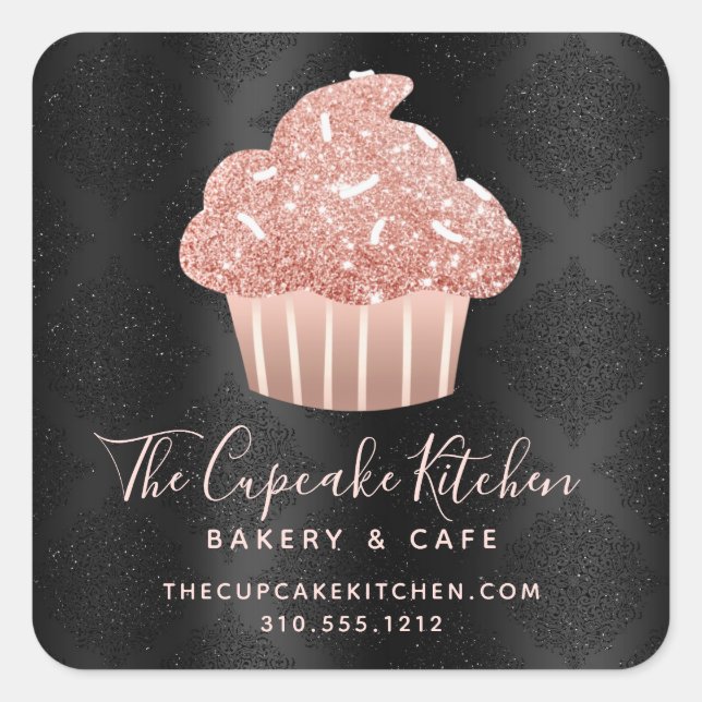 Rose Gold Glitter Cupcake Black Damask Bakery Chef Square Sticker (Front)