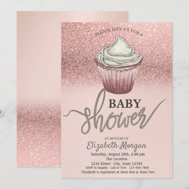 Rose Gold Glitter Cupcake  Invitation (Front/Back)