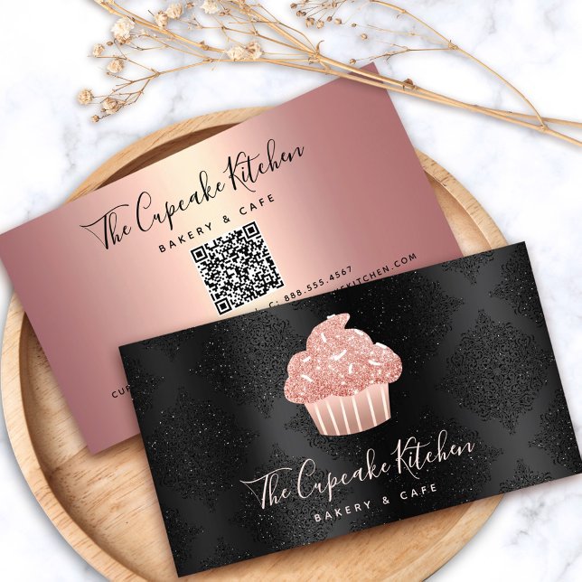 Rose Gold Glitter Cupcake QR Code Bakery on Black Business Card (Creator Uploaded)