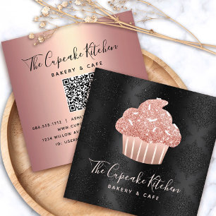 Rose Gold Glitter Cupcake QR Code on Black Bakery Square Business Card