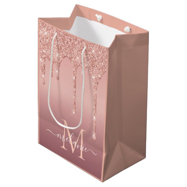 Rose Gold Glitter Custom Letter Name Gift Bag (Front Angled)