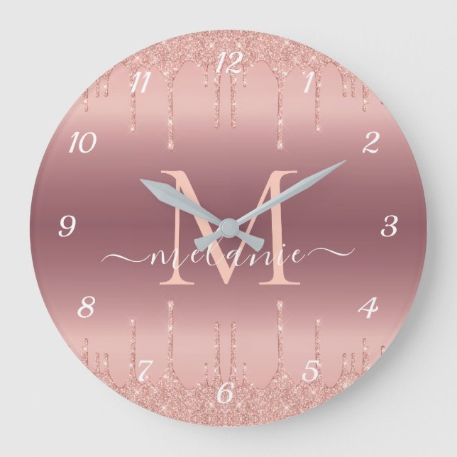 Rose Gold Glitter Custom Name Letter Wall Clock (Front)