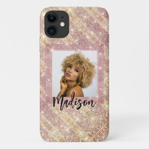 Rose Gold Glitter Custom Photo & Name Stylish Pink iPhone 11 Case