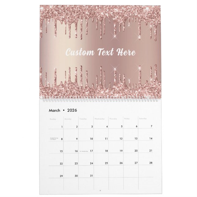 Rose Gold Glitter Custom Text Calendar Gift (Mar 2026)