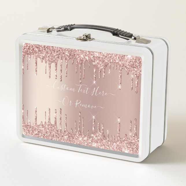 Rose Gold Glitter Custom Text Metal Lunch Box (Front)