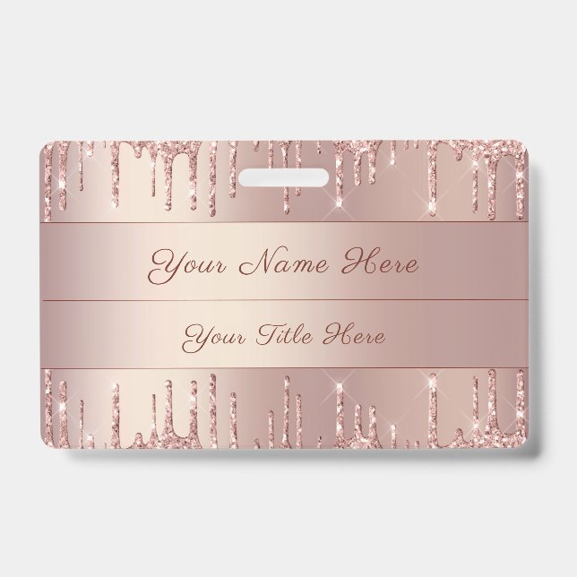 Rose Gold Glitter Custom Text Name Badge Template  (Front)