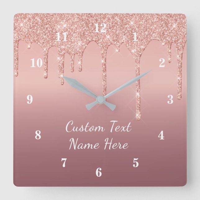 Rose Gold Glitter Custom Text Name Wall Clock (Front)