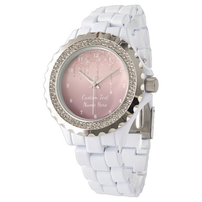 Rose Gold Glitter Custom Text Name Watch Gift (Angled)