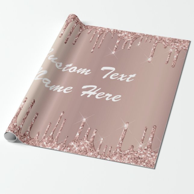 Rose Gold Glitter Custom Text Name Wrapping Paper (Unrolled)