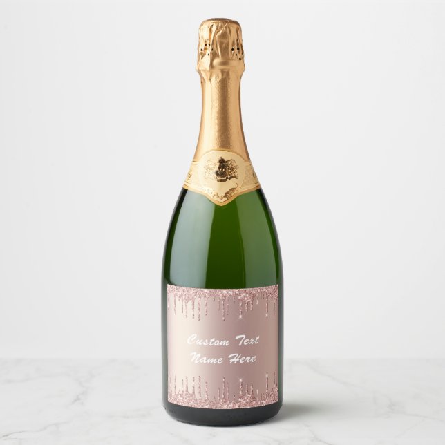 Rose Gold Glitter Custom Text Sparkling Wine Label (Front)