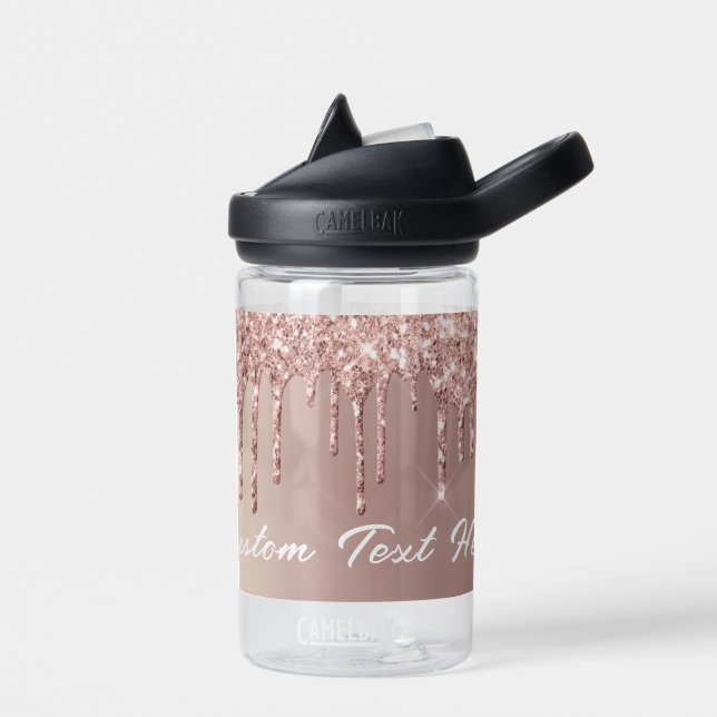 Rose Gold Glitter Custom Text Water Bottle (Left)